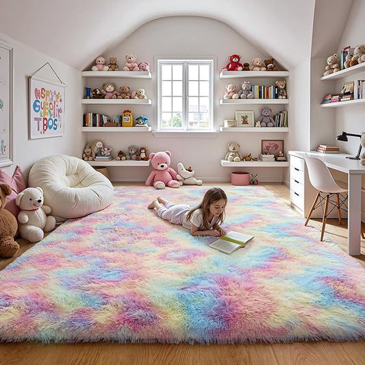 Fluffy 8x10 Large Area Rugs for Girls Bedroom Living Room, Rainbow Soft Washable Shag Carpet for Kids Room, Nursery, Dorm Decor, Colorful Cute Plush Fuzzy Rugs for Baby Toddler