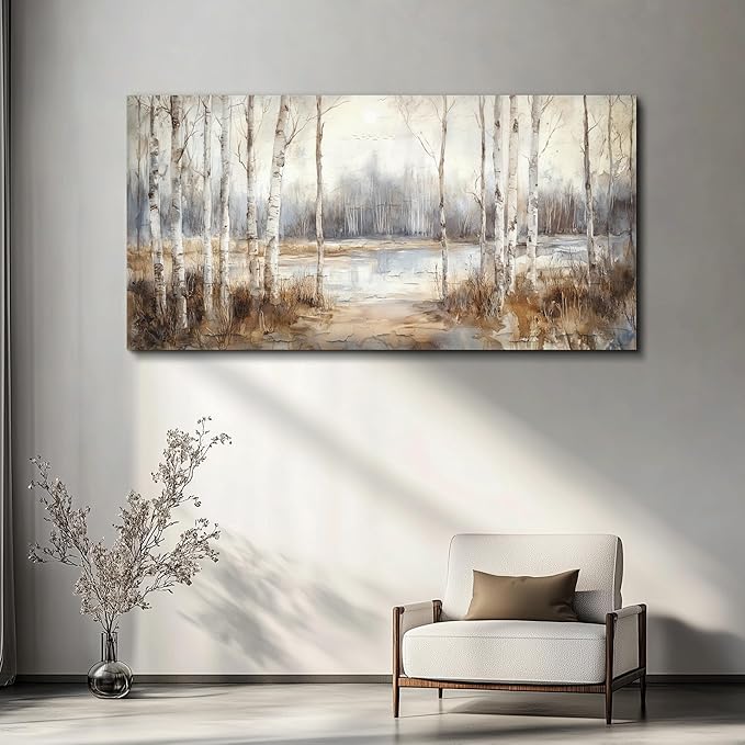 QIYILEXWART Large Wall Decor For Living Room Stretched And Framed Canvas Wall Art For Office Wall Decorations For Bedroom Birch Forest Painting By The Lake Picture Home Decor Ready To Hang