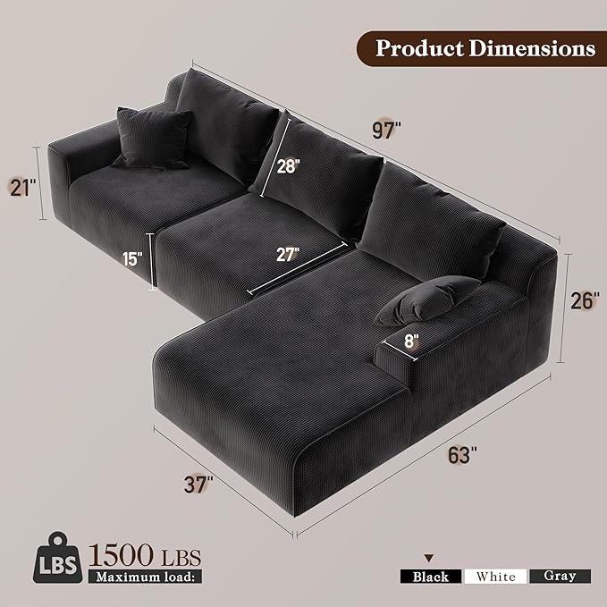 Homkdom L-Shaped Cloud Boneless Couch with Deep Seat, Modular Sectional Sofa with Oversized Chaise, 6 Layouts Combination for Living Room, Apartment, No Assembly (Black Check, Right Facing Chaise)