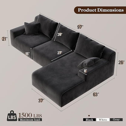 Homkdom L-Shaped Cloud Boneless Couch with Deep Seat, Modular Sectional Sofa with Oversized Chaise, 6 Layouts Combination for Living Room, Apartment, No Assembly (Black Check, Right Facing Chaise)