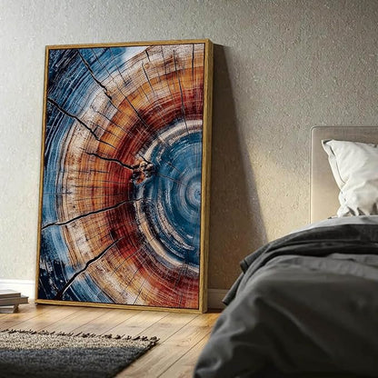 BingruiArt Large Framed Tree Ring Wall Art Blue and Red Boho Wall Decor Nature Print Wood Canvas Rustic Artwork Abstract Painting Modern Picture for Living Room Bedroom Bathroom 24"x36" Natural Framed(01)