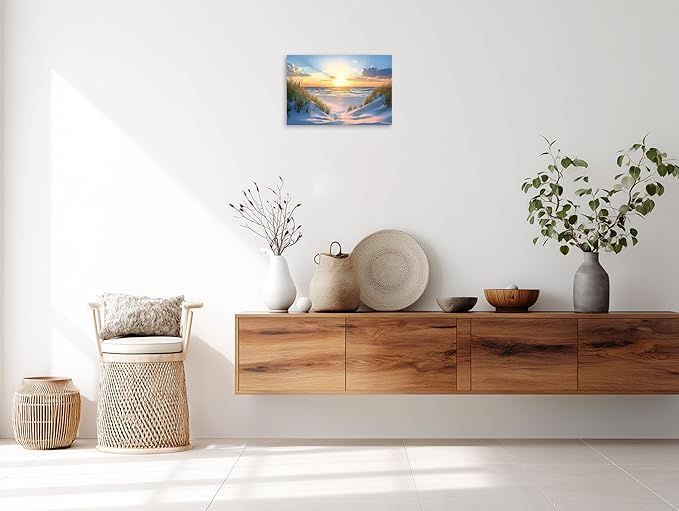 TutuBeer Beach Pictures Ocean Pictures Wall Decor White Beach with Dunes and Grass Picture Print on Canvas Ocean Seascape Paintings Canvas Art Prints Wall Decor Ready to Hang 24" x 36"