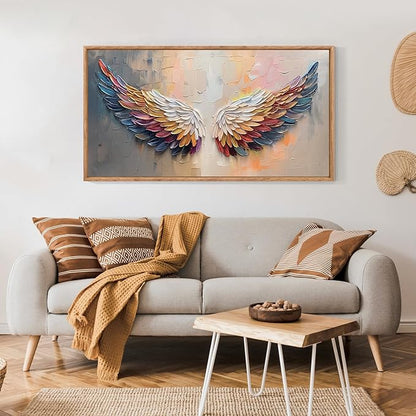 Aurlan Angel Wings Framed Wall Decor(40"x20"), Large Abstract Colorful Feather Oil Painting Canvas Artwork, Modern Contemporary Inspirational Wall Art for Living Room Bedroom