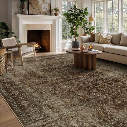 Dark Brown Large Area Rugs 9x12 Living Room, Aesthetic Distressed Big Rugs for Bedroom, Washable Non Slip Low Pile Carpet Rugs for Dining Table Family Room, Vintage Earth Tone Coffee Brown