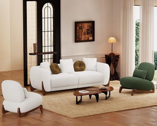 Morden Fort 3 Piece Cloud Couch Set, Modern Sherpa Boucle Sofa with Wood Legs, Skin-Friendly Minimalist Upholstered Comfy Couch Sofa for Living Room, 3-Seater+Off White Chair+Forest Green Chair