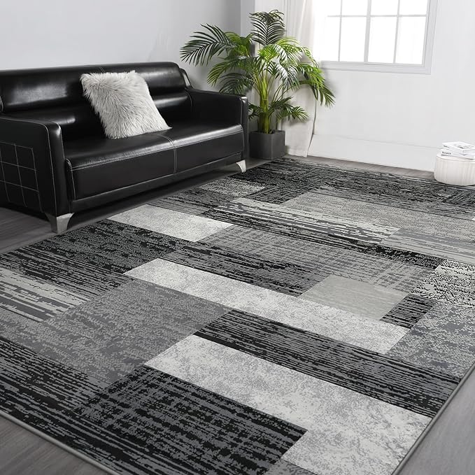FlyDOIT Modern Geometric Patchwork Area Rug, 6x9 Grey Large Rugs for Living Room, Rockwood Collection Indoor Rugs for Bedroom, Throw Carpet Floor Decor for Entryway Dining Room Office Nursery
