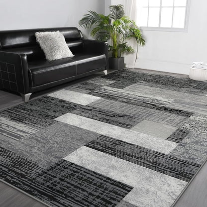 FlyDOIT Modern Geometric Patchwork Area Rug, 6x9 Grey Large Rugs for Living Room, Rockwood Collection Indoor Rugs for Bedroom, Throw Carpet Floor Decor for Entryway Dining Room Office Nursery