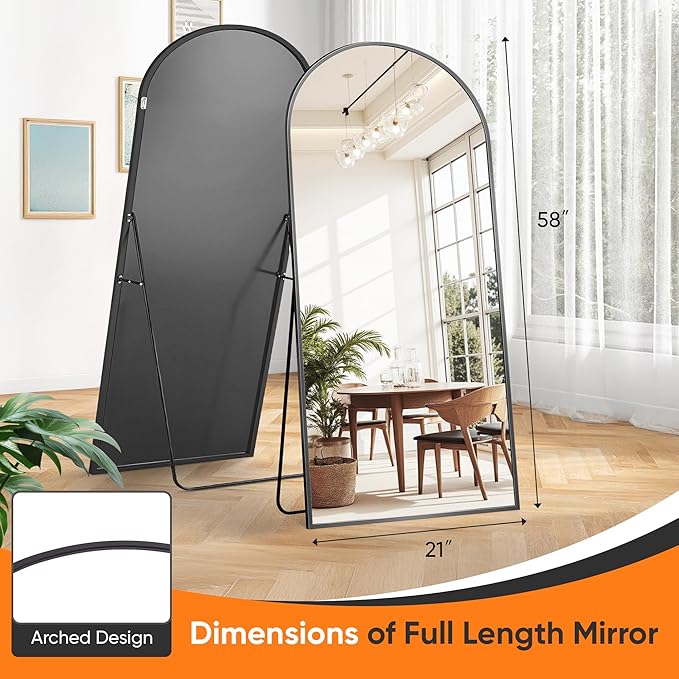 Suidia Full Length Mirror, 58"x21" Floor Standing Mirror Freestanding, Full Body Mirrors with Stand for Bedroom, Hanging Mounted for Living Room Cloakroom, Black, Arched Style