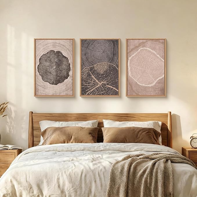 HOURIA Neutral Brown Tree Rings Framed Canvas Wall Art Set,Vintage Abstract Dark Gray Wood Stump Wall Decor,Modern Minimalist Wood Grain Slice Artwork for Living Room,Bedroom,Farmhouse- 16"x24"x3