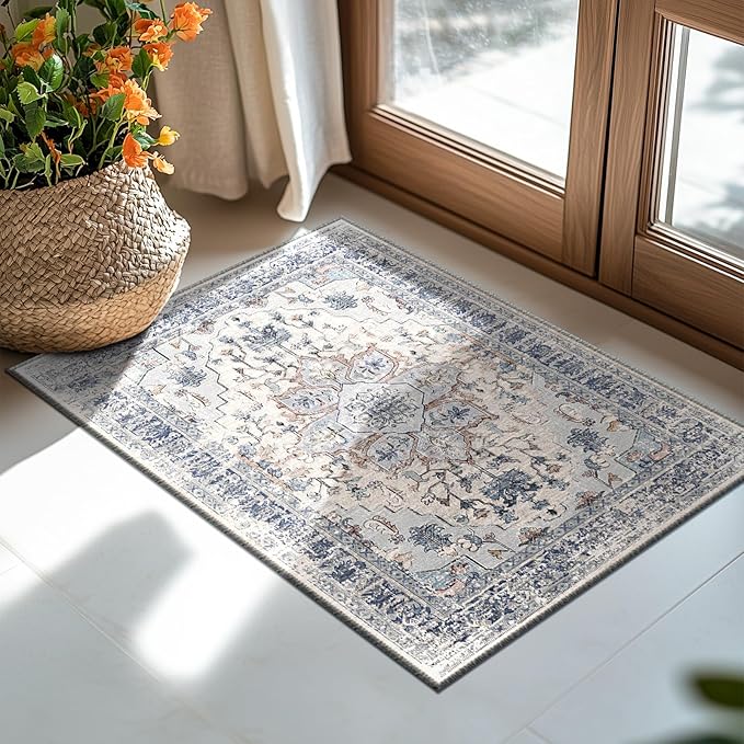 BESTSWEETIE 2x3 Area Rug Washable Rugs for Living Room, No Pile Boho Carpet for Entryway Bedroom Dinning Room, Vintage Carpet Print Distressed Non-Slip, 2 x 3 ft, Beige Blue
