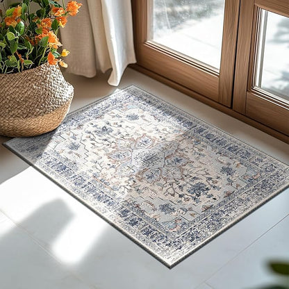 BESTSWEETIE 2x3 Area Rug Washable Rugs for Living Room, No Pile Boho Carpet for Entryway Bedroom Dinning Room, Vintage Carpet Print Distressed Non-Slip, 2 x 3 ft, Beige Blue