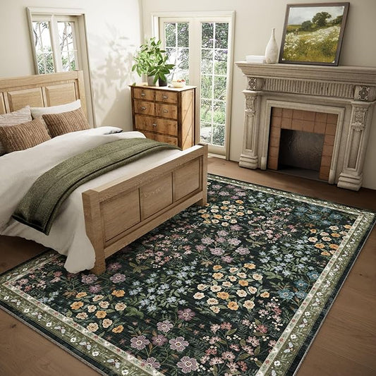 Machine Washable Living Room Rug: 6x9 Area Rugs for Bedroom Vintage Stain Resistant Non Slip Low Pile Lightweight Soft Carpet for Kitchen Dining Room Farmhouse Kids Room Nursery Indoor