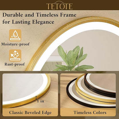 TETOTE Gold Round Led Mirror with Lights 30 Inch Metal Framed Round Circle Lighted Bathroom Vanity Mirror Wall Mounted, Front and Backlit 3 Color Stepless Dimmable Anti Fog, Shatterproof, CRI 90+