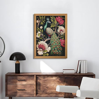 Framed Vintage 3D Textured Wall Art, Hand Drawn Sandstone Peacock Wall Decor, Modern Farmhouse Decor, Rural Botanical Floral Picture Painting Artwork for Living Room Bedroom 12x16 inch