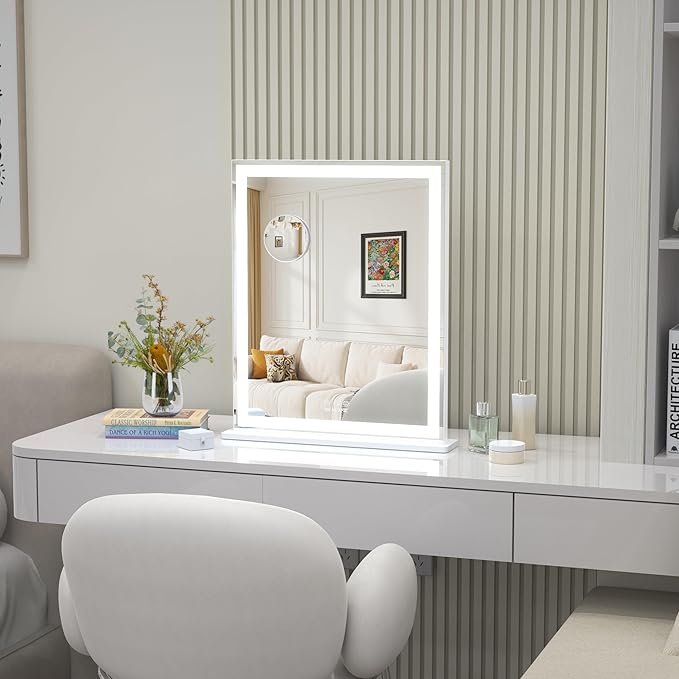 ANYHI Makeup Mirror with Lights, 24"x20.5" Lighted Vanity Mirror with 10X Magnifying, 3 Color Modes, Dimmable, Smart Touch Control, Memory Function, USB Charging Port, Tabletop/Wall Mount, White