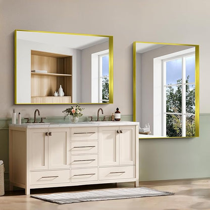 CIRCUMI Gold Bathroom Mirror, 36"x50" Rectangular Mirror with Deep Metal Frame, Brushed Finish, Tempered Glass, Large Mirror for Wall, Over 2 Sinks, Installed Vertically/Horizontally, Crystal-Clear