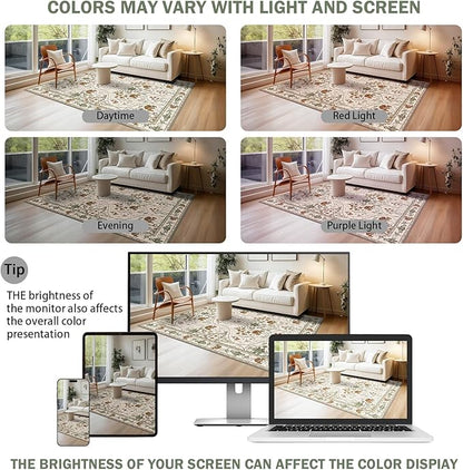 5x7 Floral Area Rug Washable Vintage Non Slip Girls Bedroom Rug, Soft Low Pile Stain Resistant Rugs for Dining Living Room,Beige White