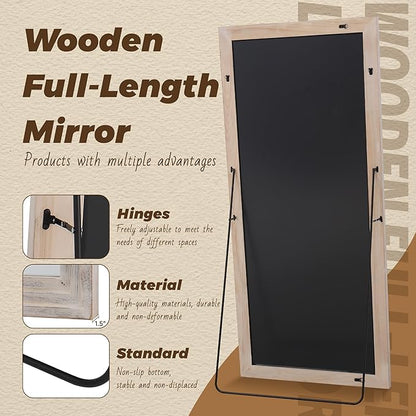 Antok Full Length Mirror with Solid Wood Frame, 81"×41" Wall Mounted Oversized Floor Mirror with Stand, Leaning Standing Hanging for Bedroom Living Room Entryway, White, Rect Style