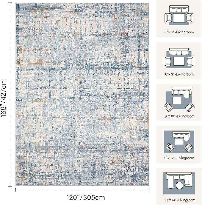 Rugxara 10x14 Extra Large Washable Area Rug, Soft Abstract Vintage Rug for Living Room, Bedroom, Office, Farmhouse, Low Pile Imitation Wool Non Slip Carpet Ideal for High-Traffic Areas, Blue Beige
