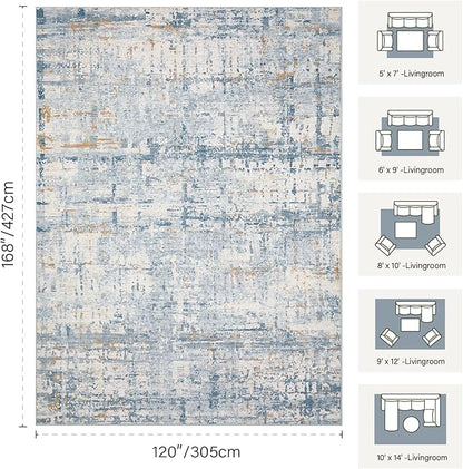 Rugxara 10x14 Extra Large Washable Area Rug, Soft Abstract Vintage Rug for Living Room, Bedroom, Office, Farmhouse, Low Pile Imitation Wool Non Slip Carpet Ideal for High-Traffic Areas, Blue Beige
