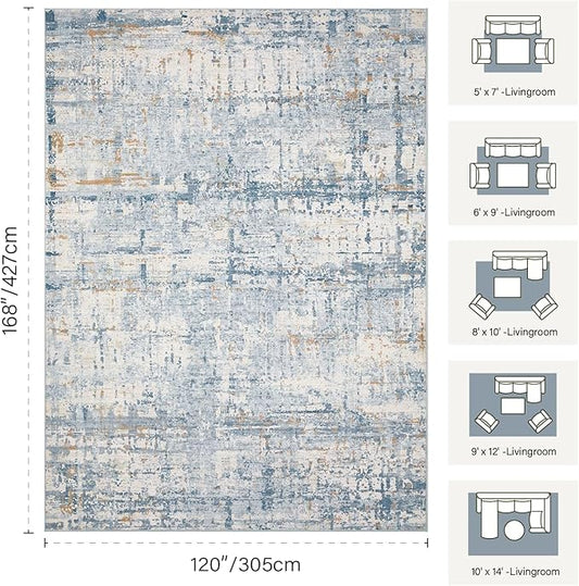 Rugxara 10x14 Extra Large Washable Area Rug, Soft Abstract Vintage Rug for Living Room, Bedroom, Office, Farmhouse, Low Pile Imitation Wool Non Slip Carpet Ideal for High-Traffic Areas, Blue Beige