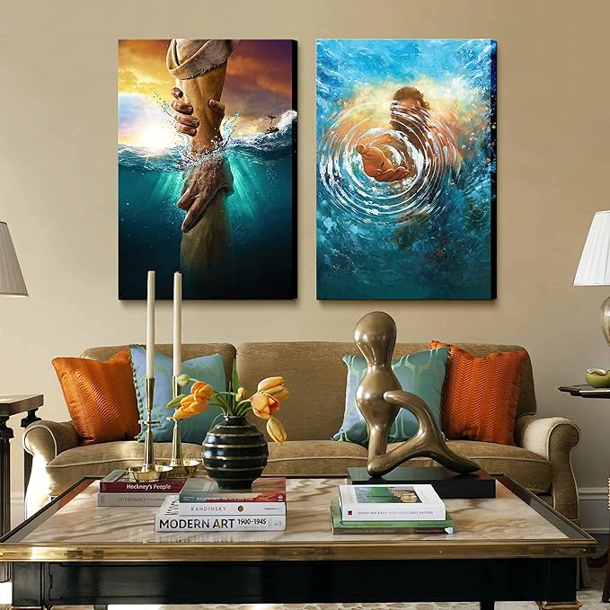 2 Pcs Framed Jesus wall art The Hand of God Jesus Reaching Into Water Christ Religion Canvas Wall Decor Blue Ocean Bible Pictures Posters Prints Paintings for Living Room Bedroom Church Decorations