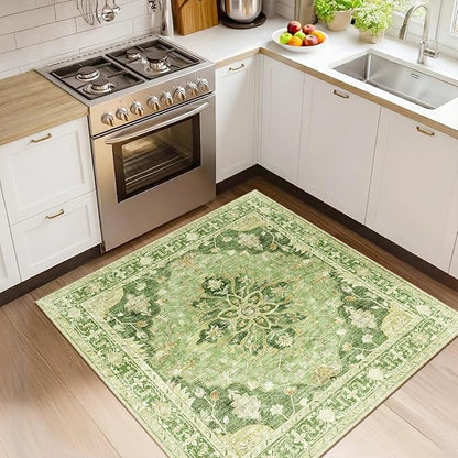 RELEANY Area Rugs Square 4ft Washable Non-Slip, Floral Vintage Distress Print Pattern Medallion Carpet for Living Room Bedroom Dining Room, Sage Green Yellow