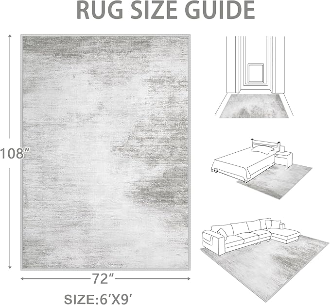Area Rugs 6x9 Living Room: Washable Rug Modern Abstract Large Rugs Soft Non Slip Neutral Rug Stain Resistant Indoor Carpet for Bedroom Kitchen Dining Room Nursery Home Rugs(Grey,6'x9')