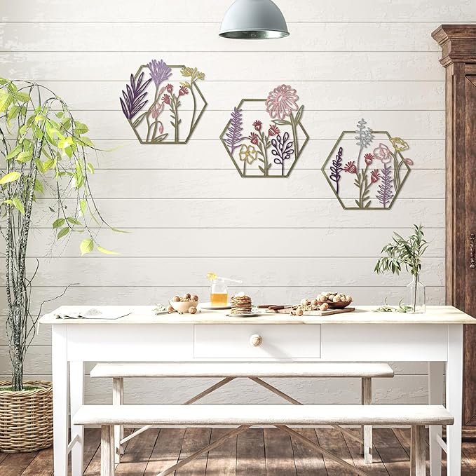 Peryiter 3 Pcs Metal Flower Wall Decor Minimalist Floral Wall Hanging Decor Metal Flower Rustic Floral Art for Spring Living Room Bathroom Kitchen Indoor Outdoor(Colorful)