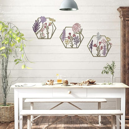 Peryiter 3 Pcs Metal Flower Wall Decor Minimalist Floral Wall Hanging Decor Metal Flower Rustic Floral Art for Spring Living Room Bathroom Kitchen Indoor Outdoor(Colorful)