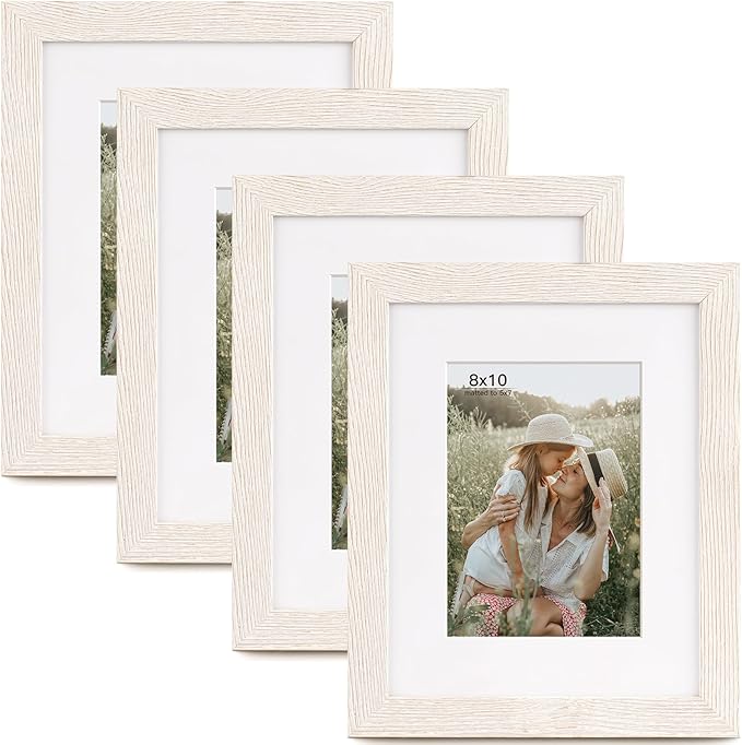 Momentworth 8x10 Picture Frame with Mat for 5x7 Set of 4, Rustic White Wood Grain 8 x 10 Gallery Wall Picture Frames for Tabletop or Wall Mounting(4 Pack, White)