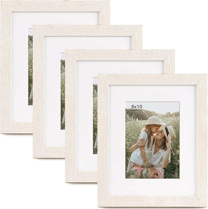 Momentworth 8x10 Picture Frame with Mat for 5x7 Set of 4, Rustic White Wood Grain 8 x 10 Gallery Wall Picture Frames for Tabletop or Wall Mounting(4 Pack, White)