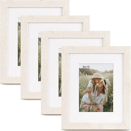 Momentworth 8x10 Picture Frame with Mat for 5x7 Set of 4, Rustic White Wood Grain 8 x 10 Gallery Wall Picture Frames for Tabletop or Wall Mounting(4 Pack, White)