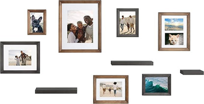 Kate and Laurel Bordeaux Gallery Wall Frame and Shelf Kit, Set of 10, Rustic Brown and Charcoal Gray, Assorted Size Frames and Three Display Shelves