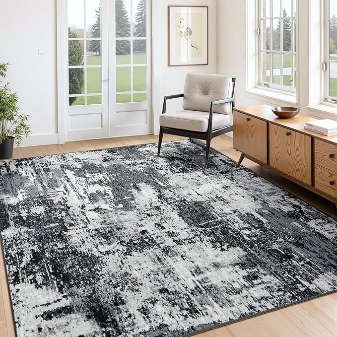 RELEANY Washable Area Rugs 6'x8' Non-Slip Modern Abstract Soft for Living Room Entryway Bedroom Nursery, Print Pattern, Black Navy Blue Gray