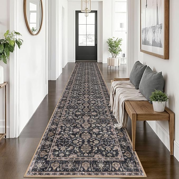 KUTA Vintage Washable Runner Rug 2.6x14, Non-Slip Brown Hallway Kitchen Rugs with Rubber Backing, Ultra Soft Printed Floral Extra Long 14ft Carpet Runners Indoor for Stairs
