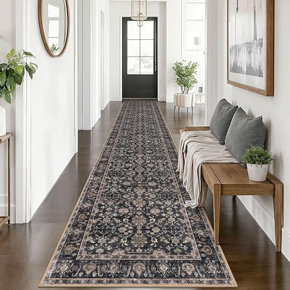 KUTA Vintage Washable Runner Rug 2.6x14, Non-Slip Brown Hallway Kitchen Rugs with Rubber Backing, Ultra Soft Printed Floral Extra Long 14ft Carpet Runners Indoor for Stairs