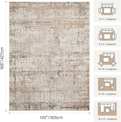 Rugxara 10x14 Extra Large Washable Area Rug, Soft Abstract Vintage Rug for Living Room, Bedroom, Office, Farmhouse, Low Pile Imitation Wool Non Slip Carpet Ideal for High-Traffic Areas, Beige Grey