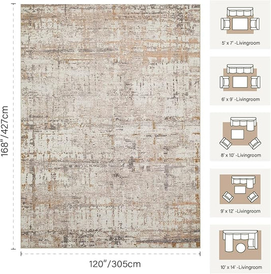 Rugxara 10x14 Extra Large Washable Area Rug, Soft Abstract Vintage Rug for Living Room, Bedroom, Office, Farmhouse, Low Pile Imitation Wool Non Slip Carpet Ideal for High-Traffic Areas, Beige Grey