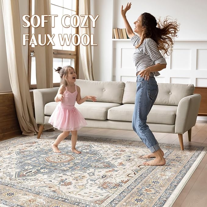 Square Rug 10x10 Living Room: Washable Boho Large Neutral Vintage Soft Rugs Stain Resistant Distressed Farmhouse Non-Slip Indoor Floor Carpet for Bedroom Nursery Kids Office Dining Room- Beige Blue