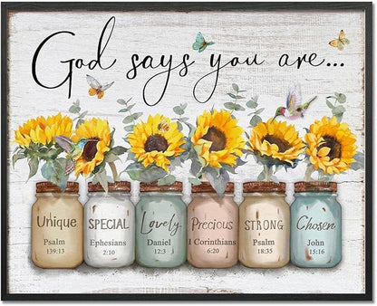 Inspirational Bible Verse Wall Art: God Says You Are Wall Sayings Sunflower in Mason Jar Picture Print Christian Gift Quotes Poster for Women Girl Bedroom Decor 24" x 30"