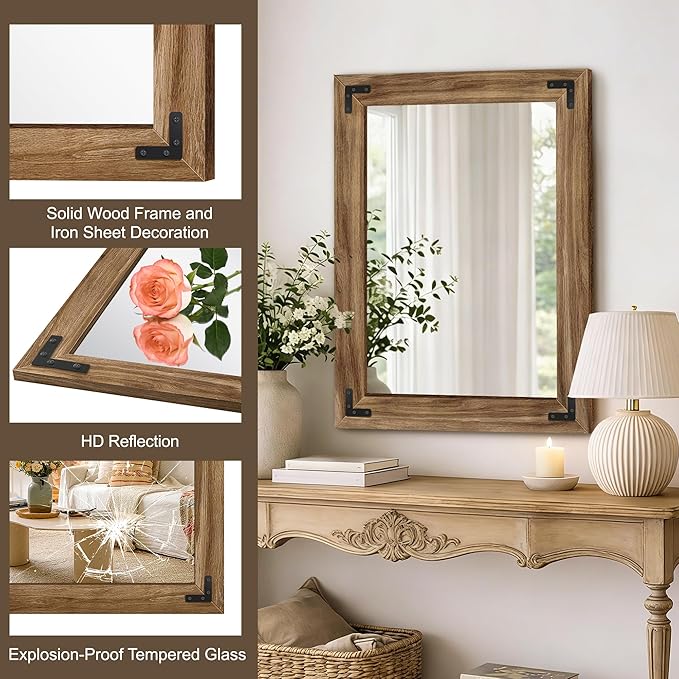 AMOISE Farmhouse Bathroom Vanity Mirror, 32" x 24" Wood Frame Wall Mirror, Vintage Rustic Decor for Entryway, Bedroom, Living Room, Vertical or Horizontal Hanging