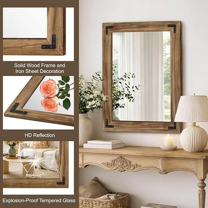 AMOISE Farmhouse Bathroom Vanity Mirror, 32" x 24" Wood Frame Wall Mirror, Vintage Rustic Decor for Entryway, Bedroom, Living Room, Vertical or Horizontal Hanging