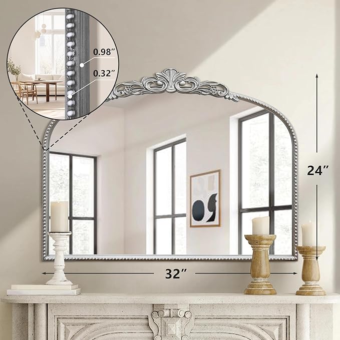 Micasso Vintage Wall Silver Mirror: 32"x24" French Baroque Antique Mirror - Traditional Ornate Decorative Arched for Wall/Bathroom/Entryway/Fireplace/Hallway - Home Decor for Living Room