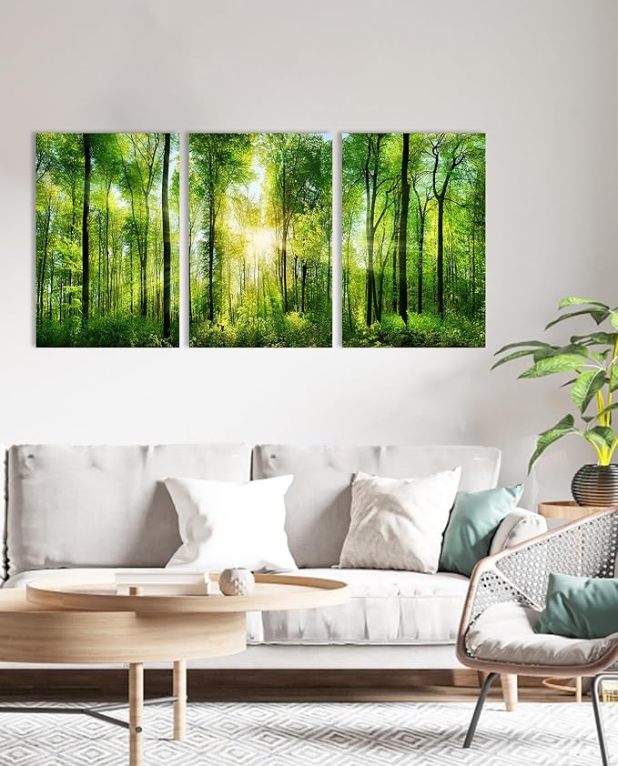 HLJ ART Forest Wall Art: 3 Panel Green Tree Pictures Canvas Wall Art, 20x30 Inch, Sunrise Prints Scenery Wall Art Hanging Wall Mural Nature Art Wall Decor for Bedroom, Living Room, Office