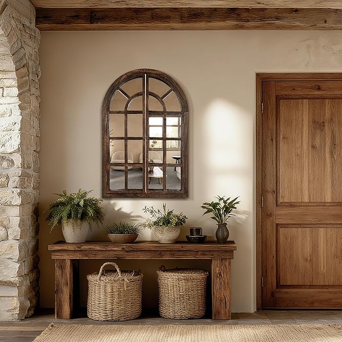 Arched Wall Mirror with Wood Window Frame, 36x24 Vintage Rustic Arch Farmhouse Mirror for Wall, Living Room, Bedroom, Entryway(Brown)