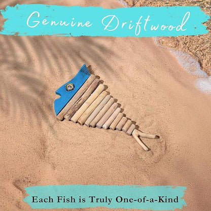 Driftwood Fish Nautical Wall Decor - Handmade Wooden Rustic Coastal Wall Art for Living Room, Bedroom, Office, Bathroom - Ocean Beach Decoration (Blu)