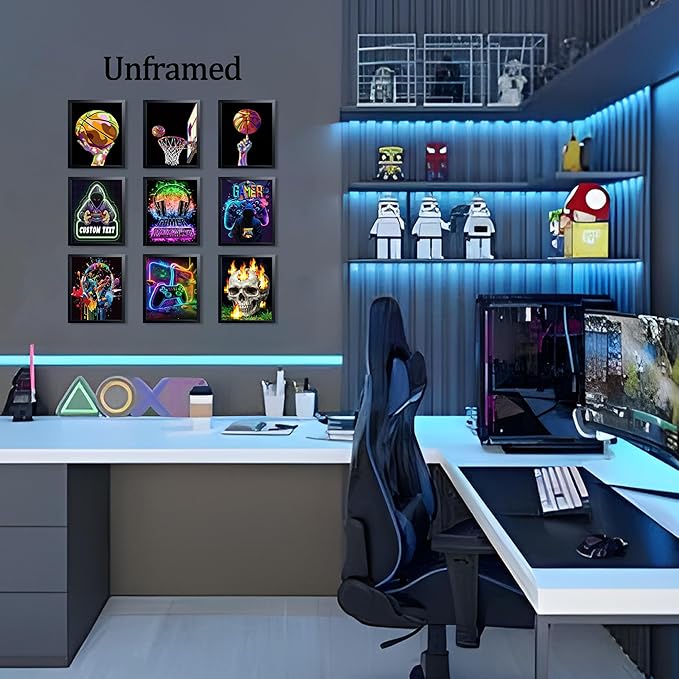 Neon Gamer and Basketball Wall Art Set of 9, Cool Gaming Headset Skull Controller Sports Canvas Prints, Colorful Graffiti Style Posters for Boys Teen Bedroom Game Room Wall Decor 8x10 Inch Unframed