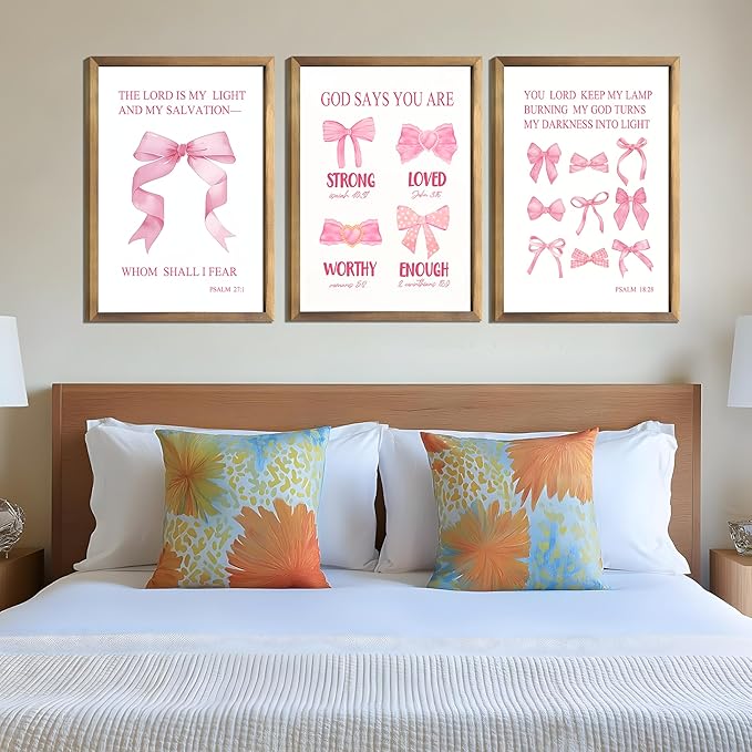 JBZDD Christian Pink Bow Wall Art Posters Set of 3 Unframed Inspirational Bible Verse Quotes Prints for Girls Room College Dorm Bathroom Bedroom Living Room Decor 12x16in