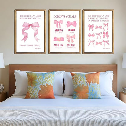 JBZDD Christian Pink Bow Wall Art Posters Set of 3 Unframed Inspirational Bible Verse Quotes Prints for Girls Room College Dorm Bathroom Bedroom Living Room Decor 12x16in